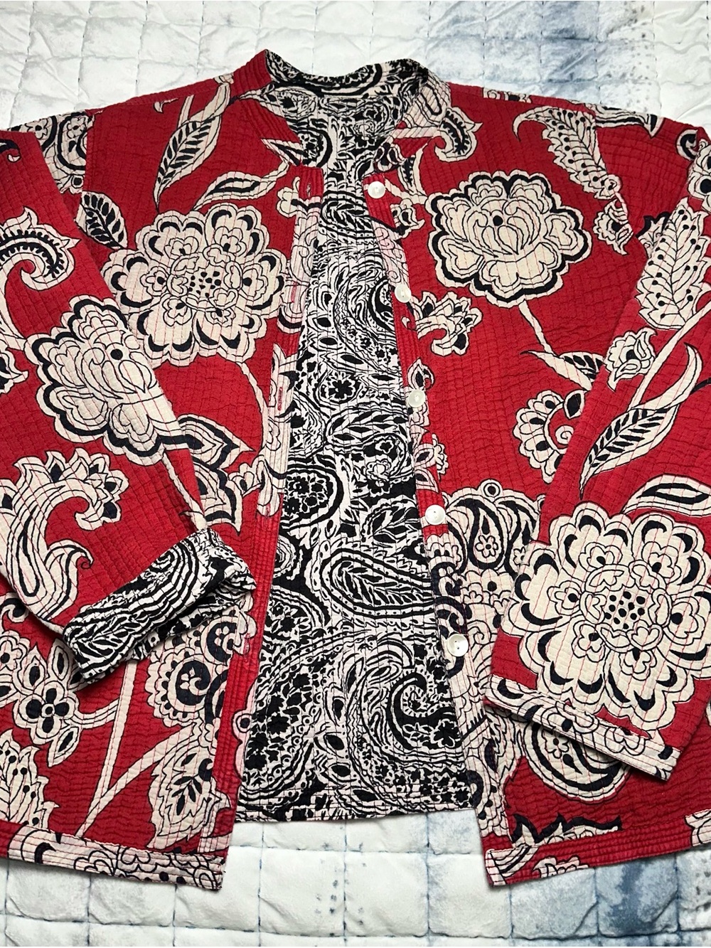Women's Reversible Red Floral Button-Down Shirt Jacket